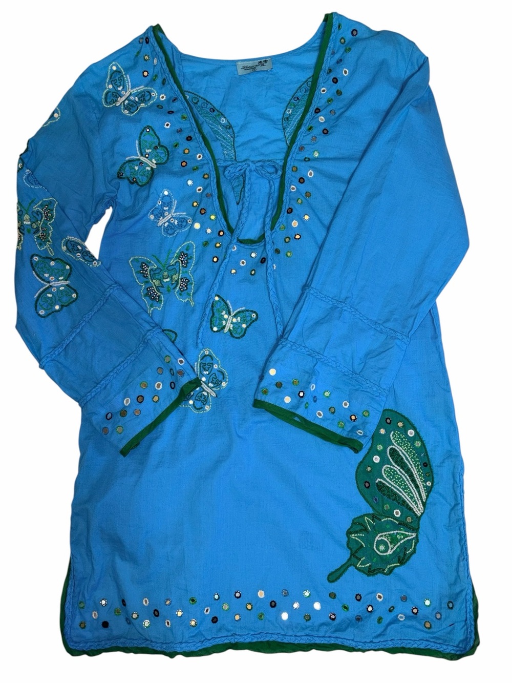 Letarte Luxe 100% Cotton Turquoise Butterflies Pearls Mirrors Tunic Swim Cover
